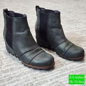 Sorel Lea Joan wedge booties boots black leather size 8.5